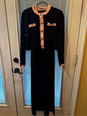 Aleeza Paris Navy Knit Cardigan/Dress Combo with Coral Frayed Trim